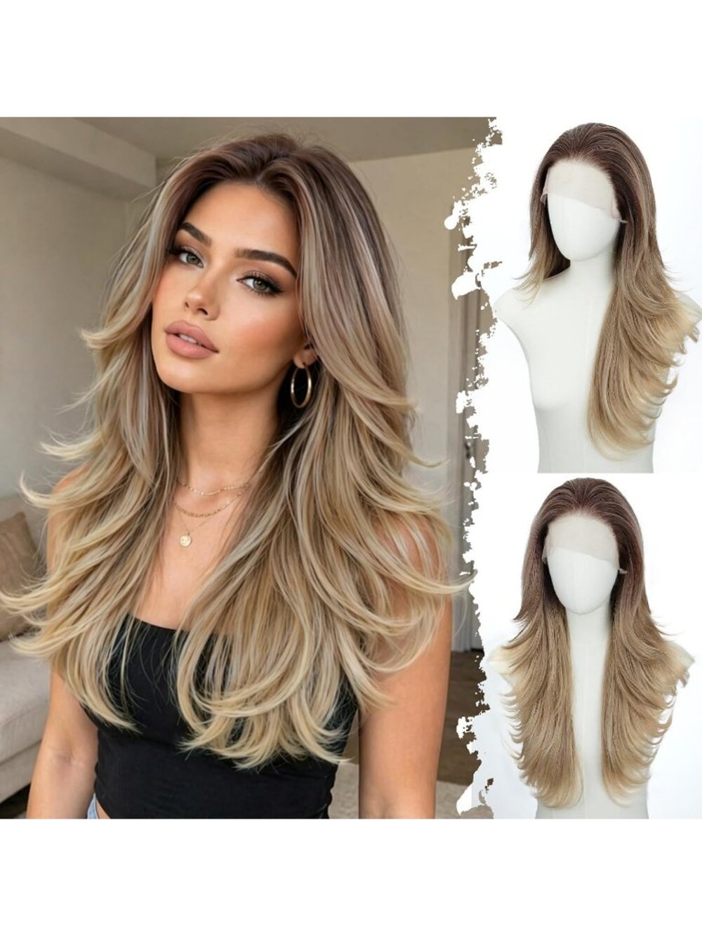 26Inch Women's Ombre Blonde Glueless Synthetic Butterfly Cut Long Wavy Wigs